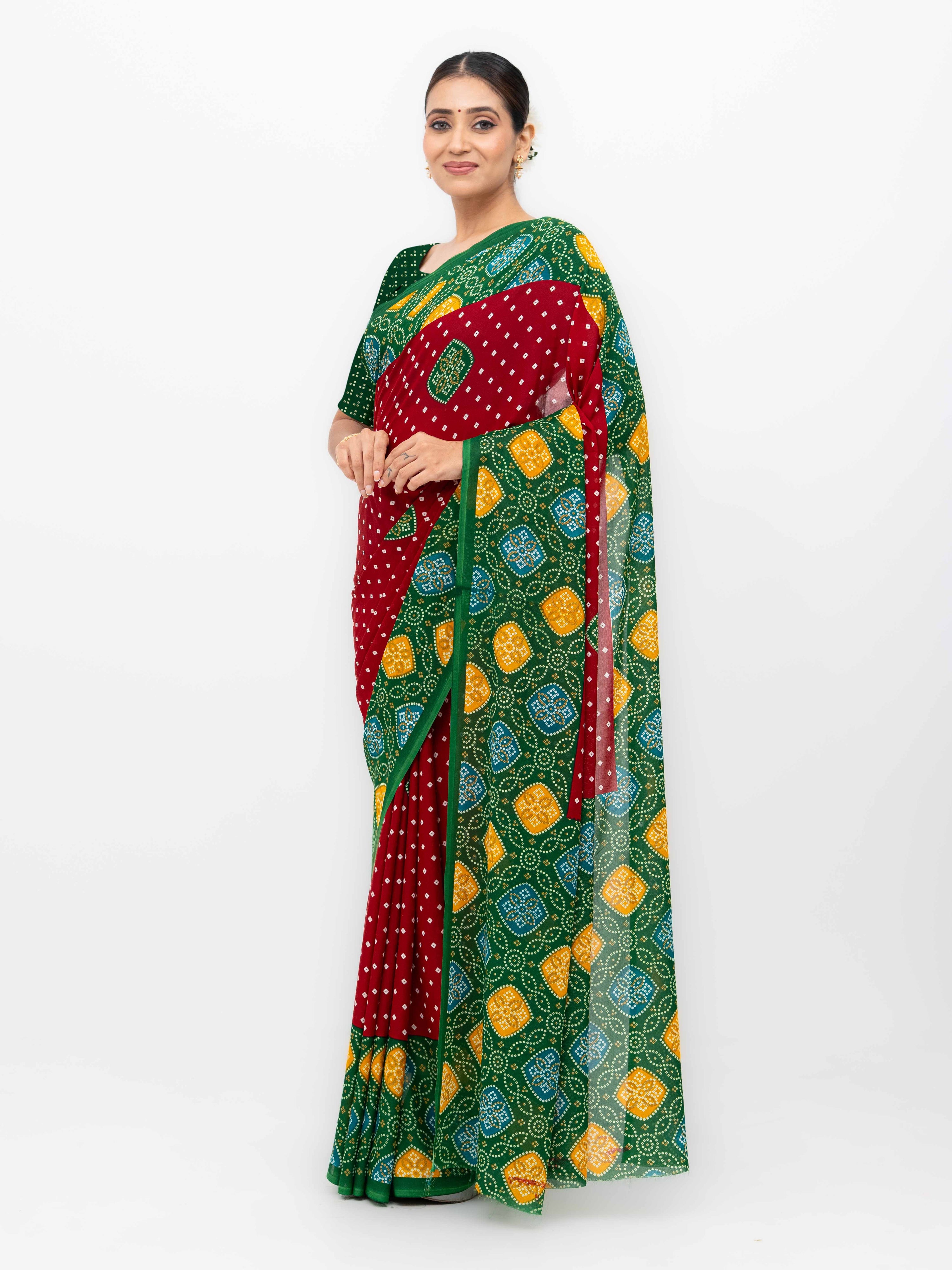 Maroon Moss Bandhani Saree