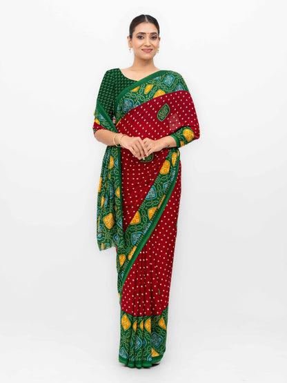 Maroon Moss Bandhani Saree