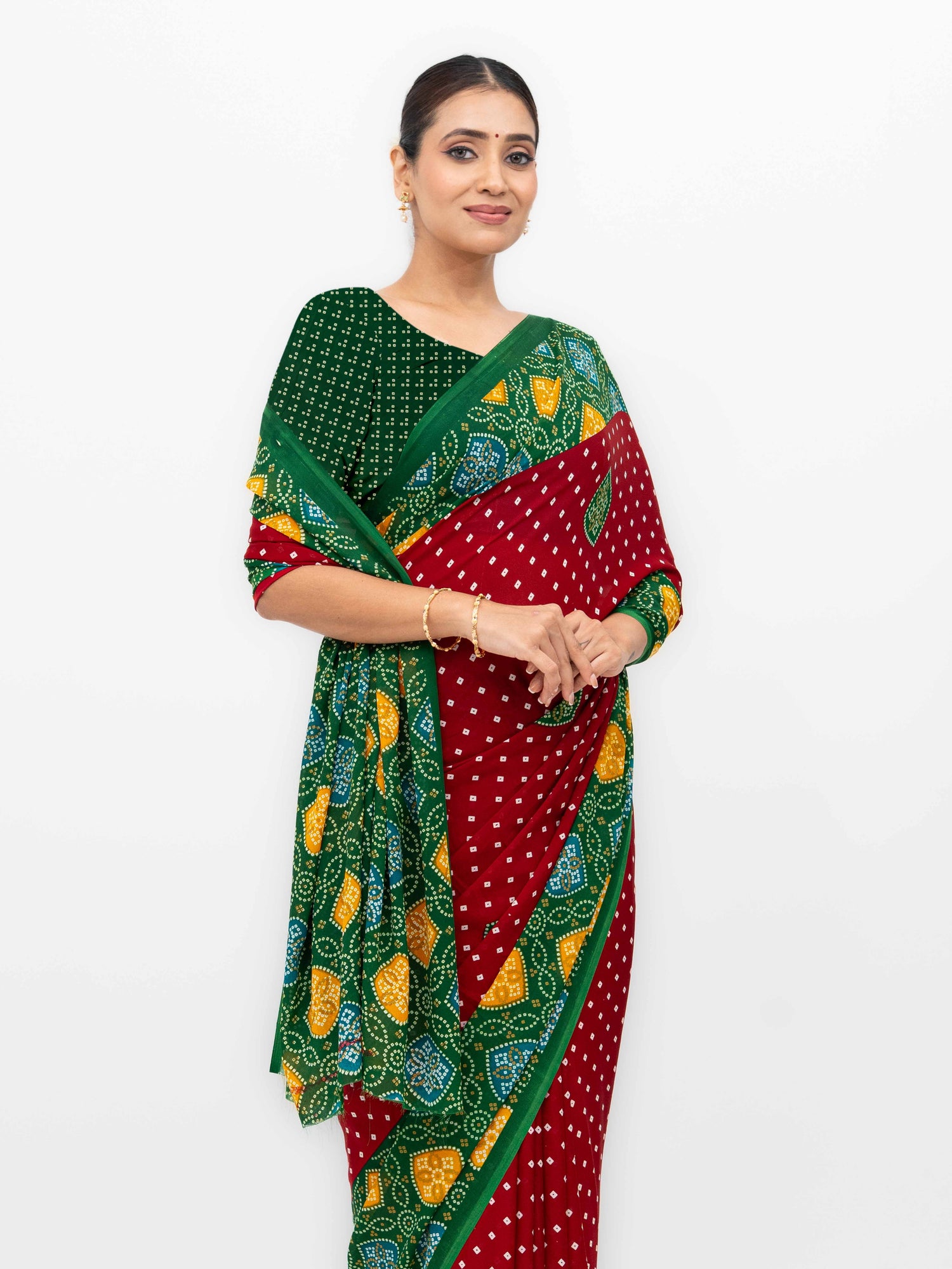 Maroon Moss Bandhani Saree