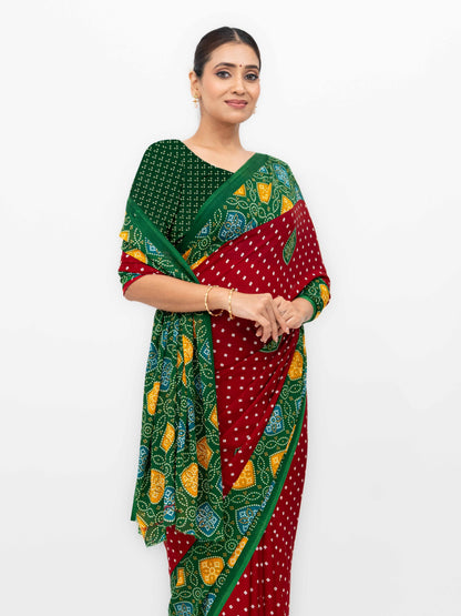 Maroon Moss Bandhani Saree