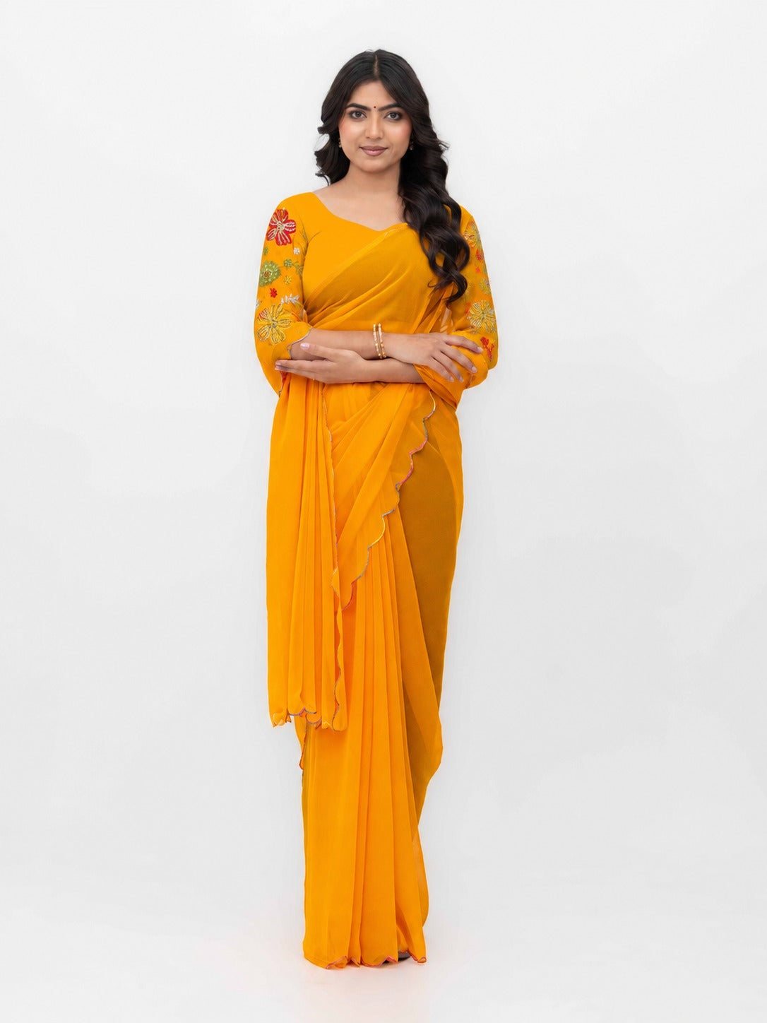 Yellow Georgette Plain Saree