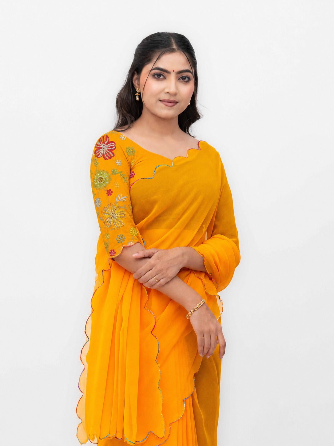Yellow Georgette Plain Saree