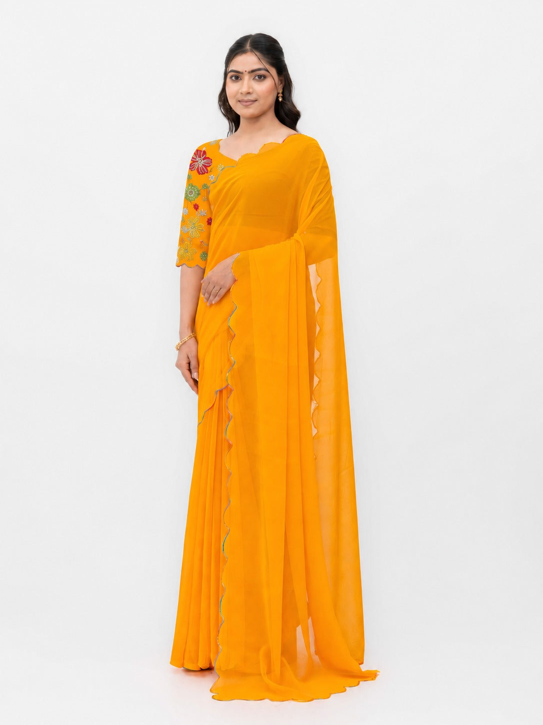 Yellow Georgette Plain Saree
