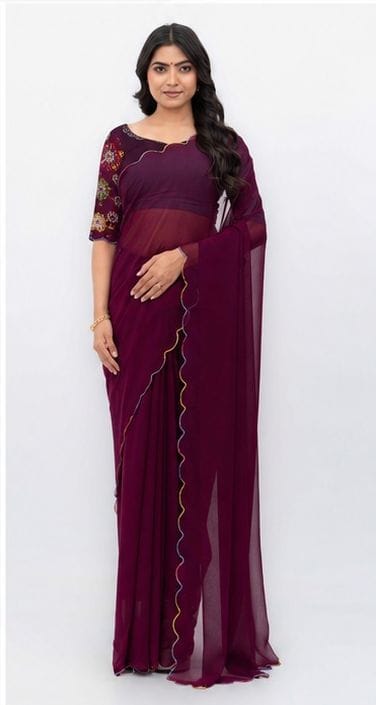 Wine Purple Georgette Plain Saree