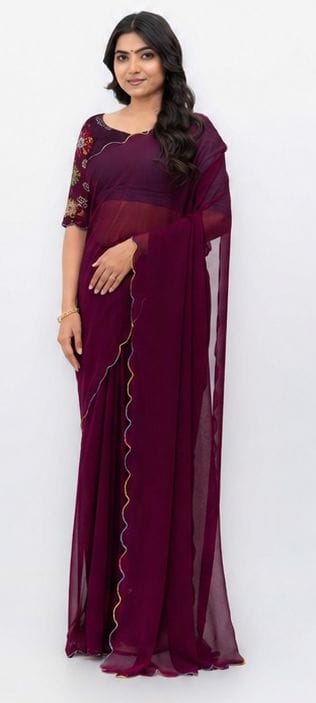 Wine Purple Georgette Plain Saree