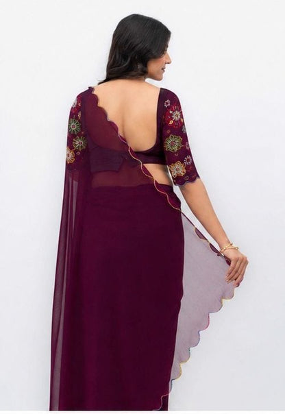 Wine Purple Georgette Plain Saree