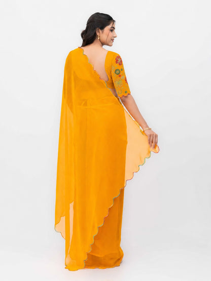 Yellow Georgette Plain Saree