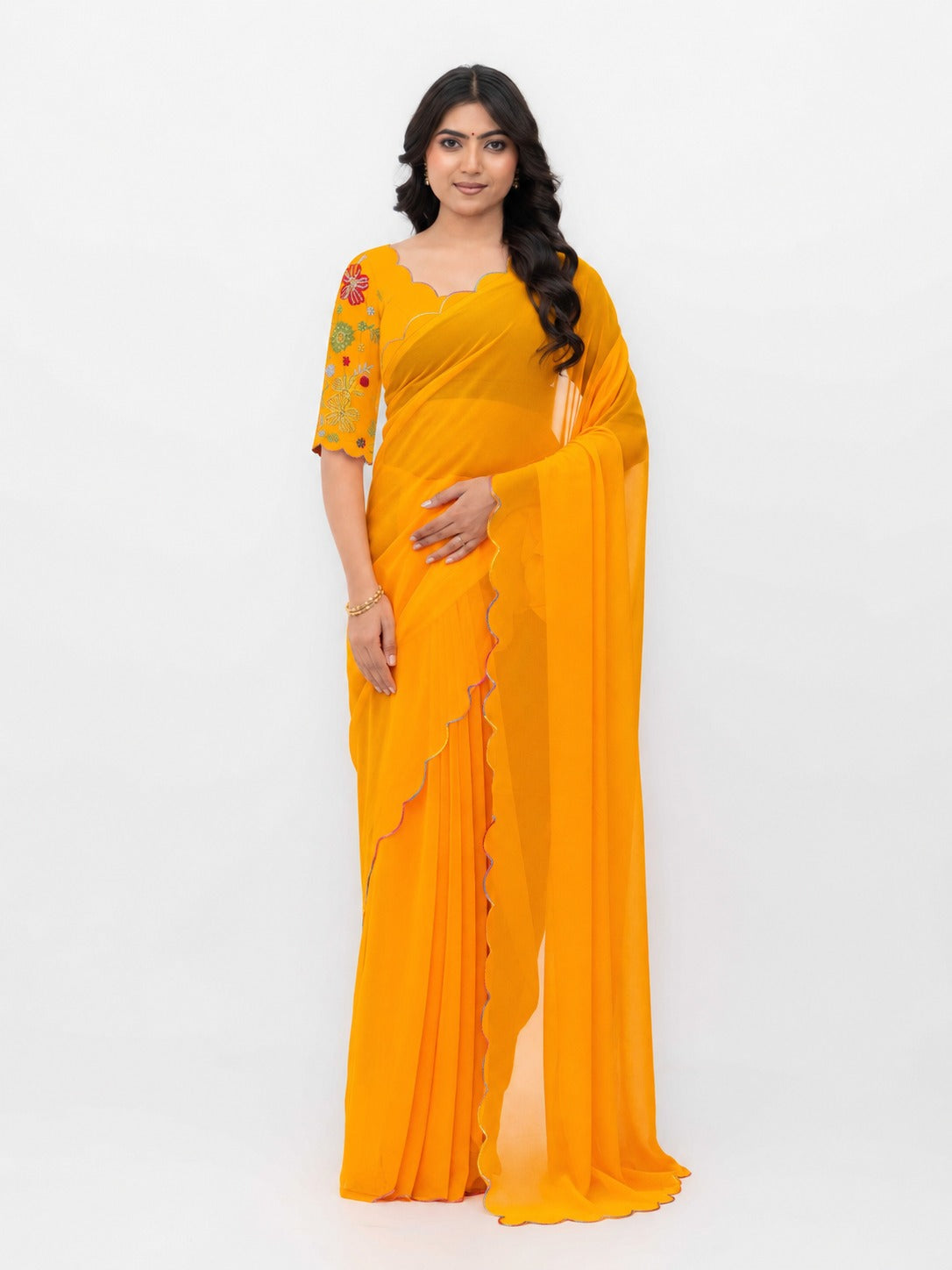 Yellow Georgette Plain Saree