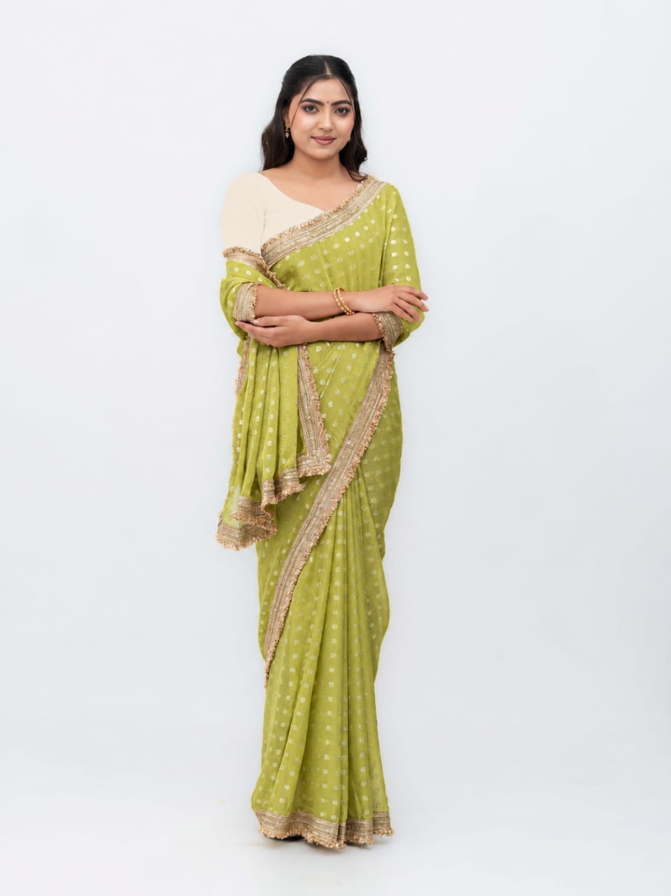 Lime Green Chiffon Georgette Saree