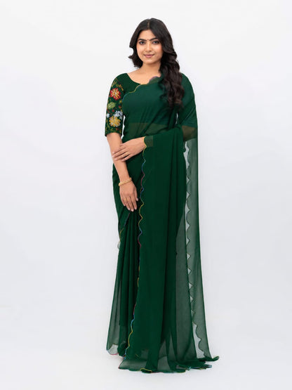 Green Georgette Plain Saree
