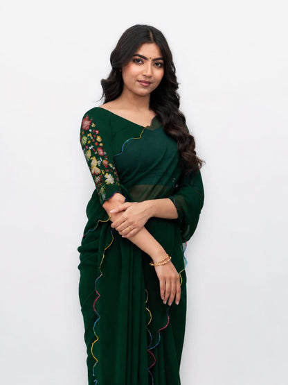 Green Georgette Plain Saree