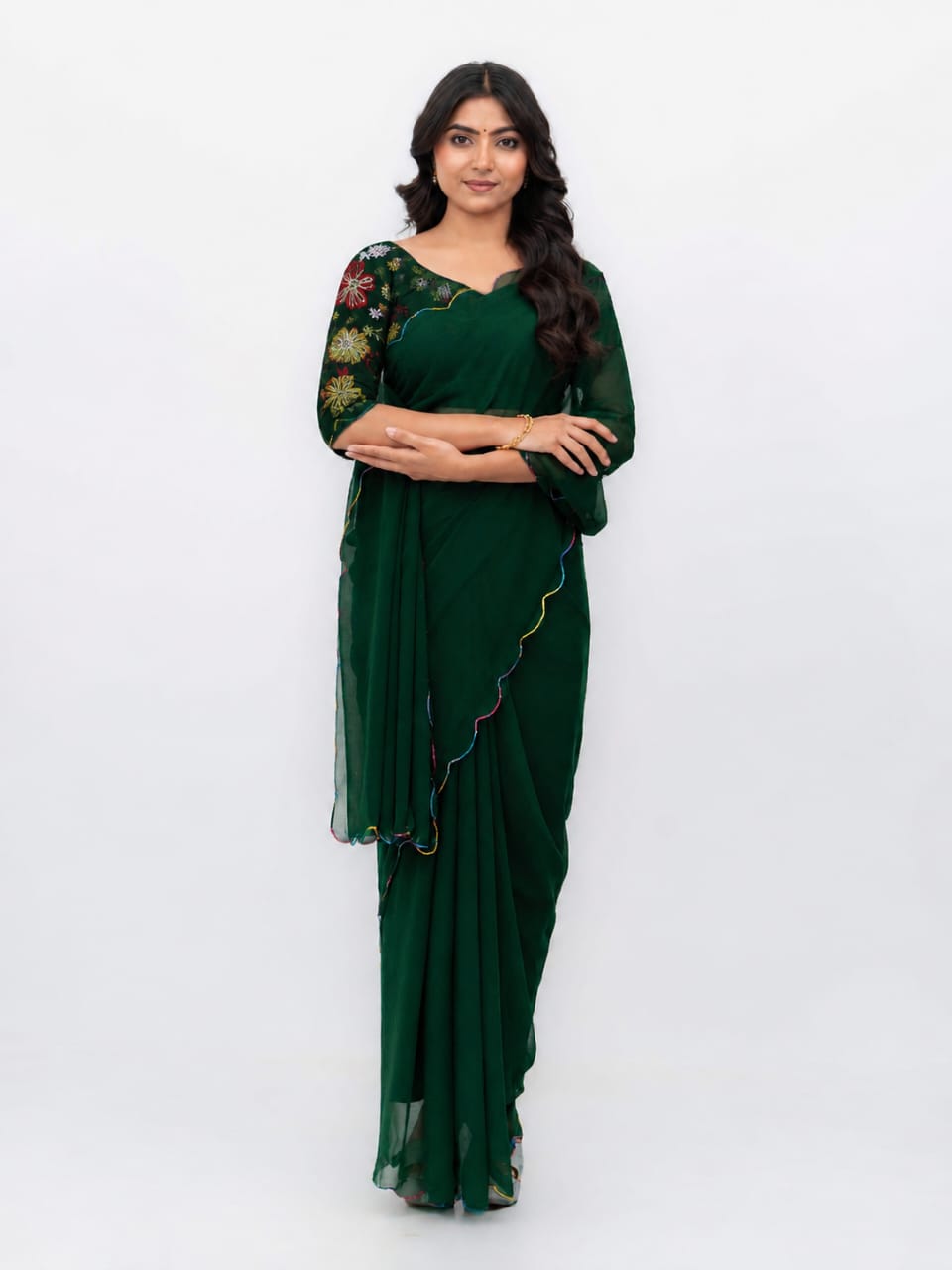 Green Georgette Plain Saree