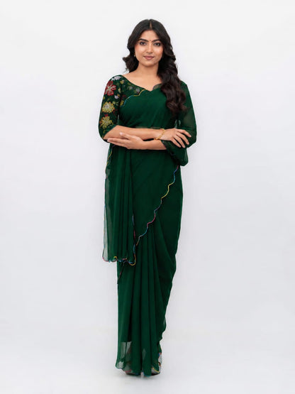 Green Georgette Plain Saree