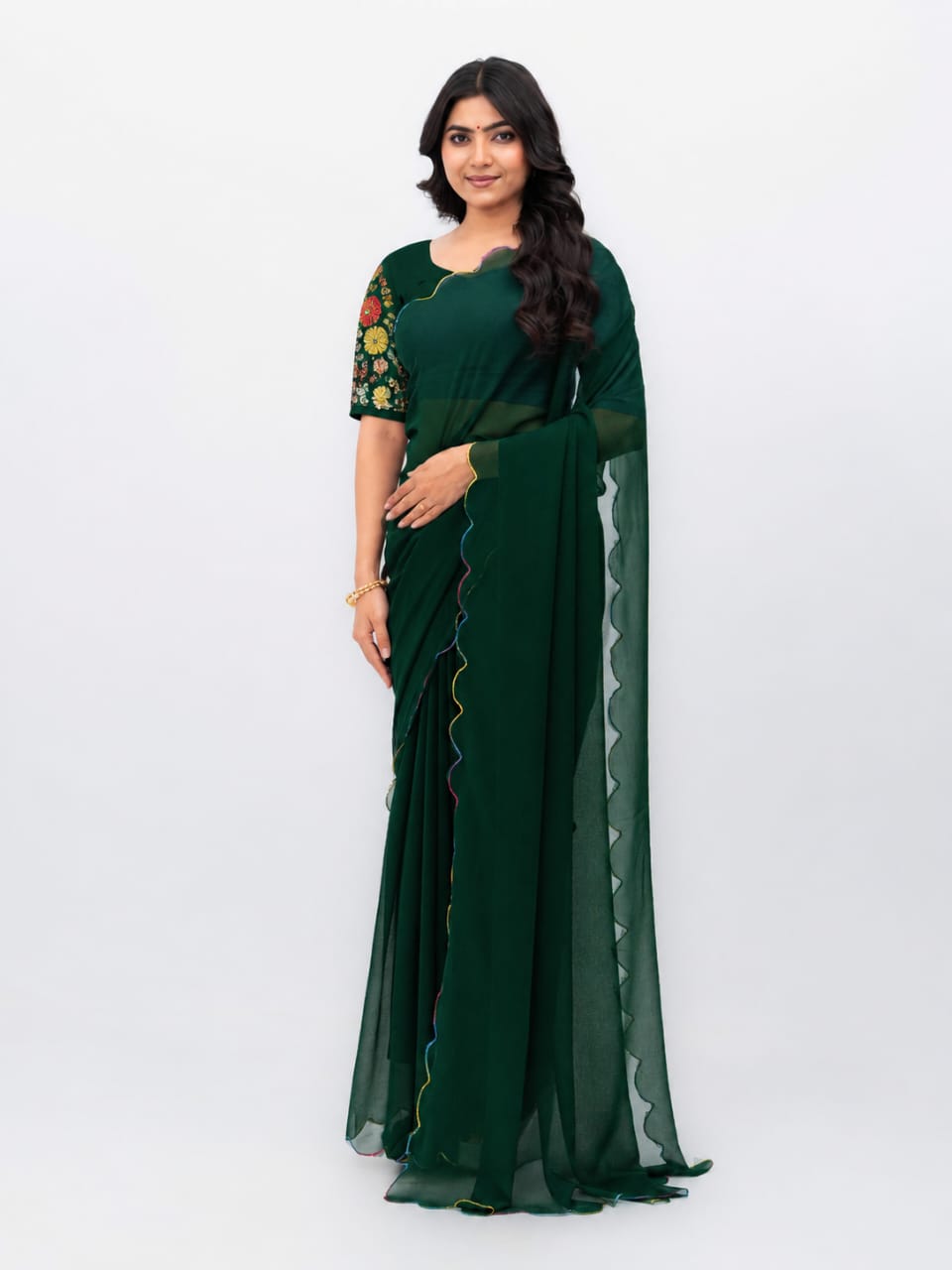 Green Georgette Plain Saree