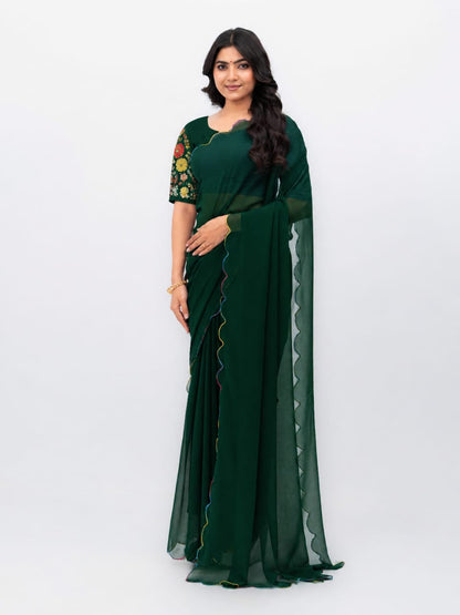 Green Georgette Plain Saree