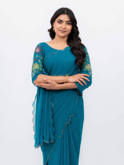 Sky Blue Georgette Plain Saree