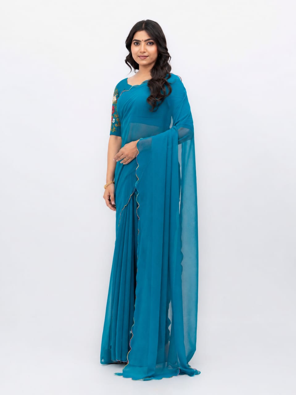 Sky Blue Georgette Plain Saree