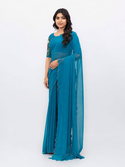 Sky Blue Georgette Plain Saree