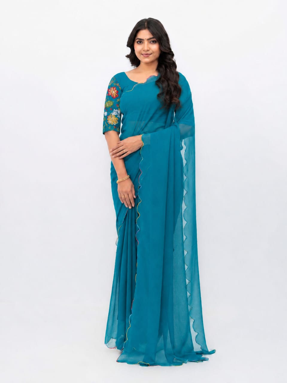 Sky Blue Georgette Plain Saree