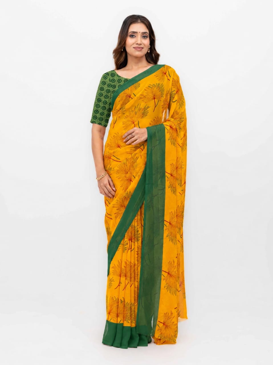 Orange &amp; Green Georgette Saree