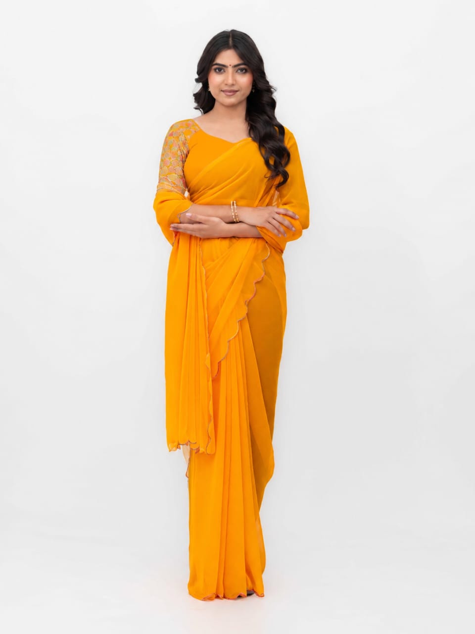 Yellow Georgette Plain Saree