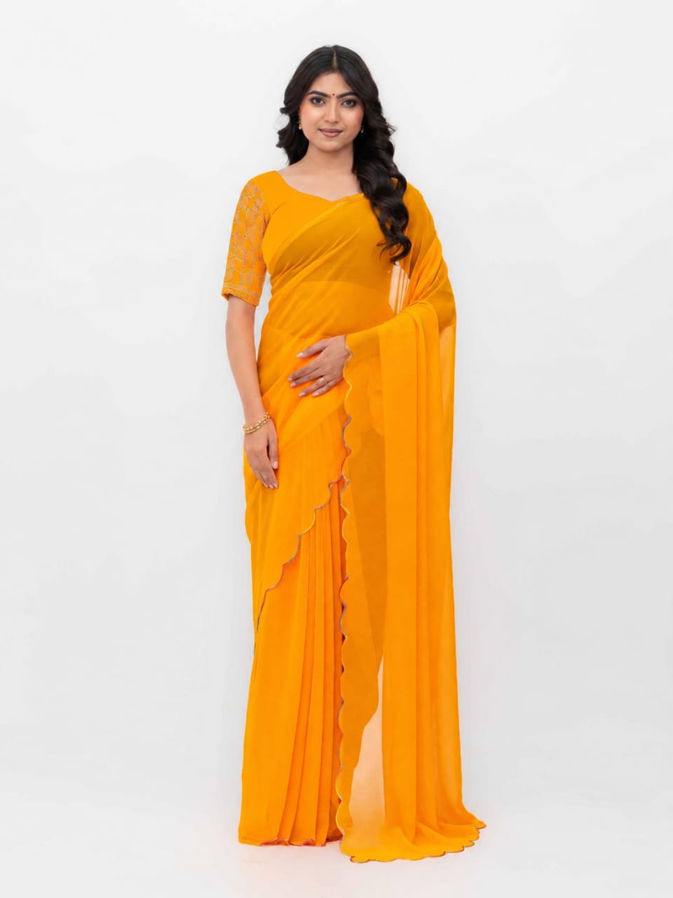 Yellow Georgette Plain Saree