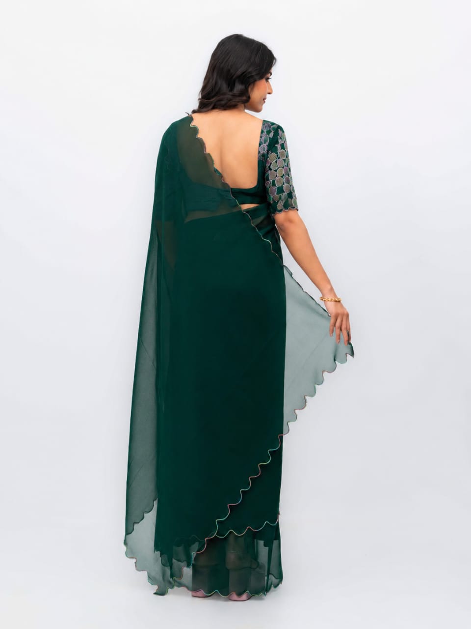 Green Georgette Plain Saree