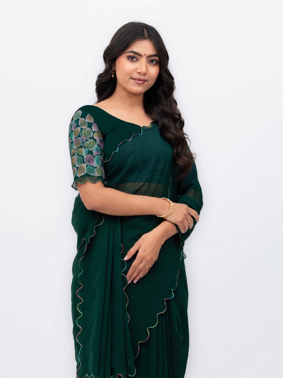 Green Georgette Plain Saree