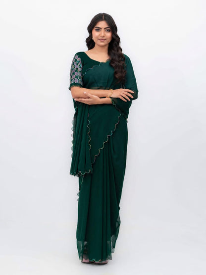 Green Georgette Plain Saree