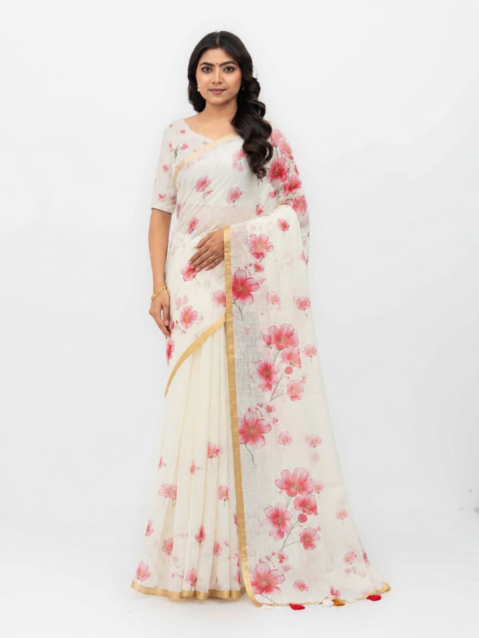 Off-White Cotton Linen Saree