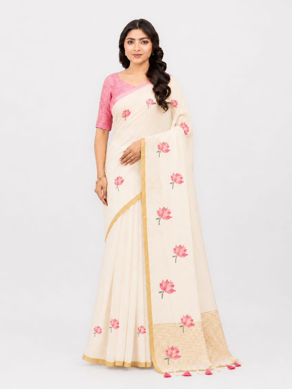 Off-White Cotton Linen Saree