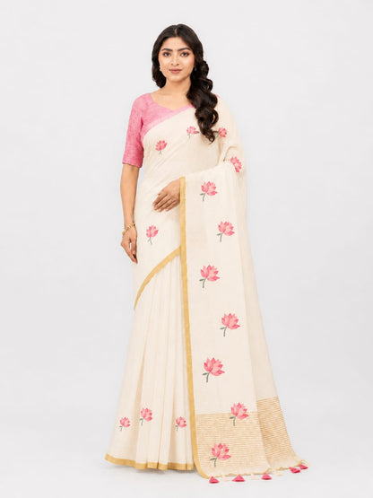 Off-White Cotton Linen Saree