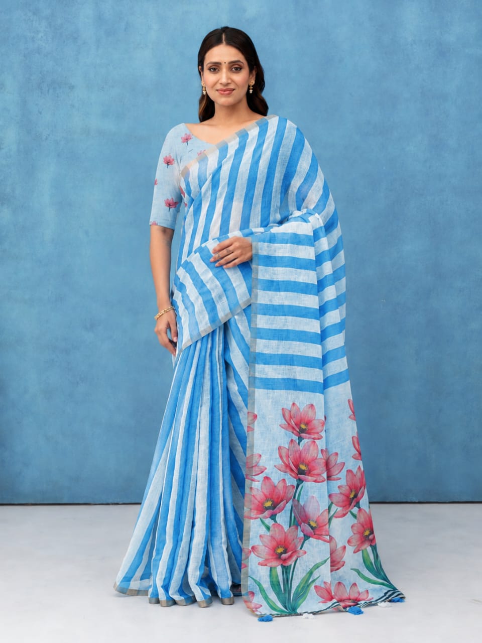 Blue Cotton Linen Saree