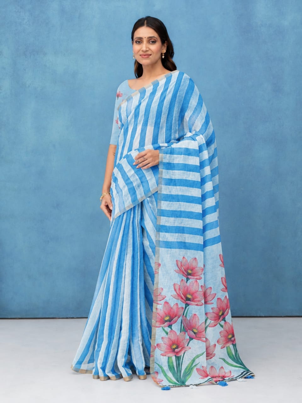 Blue Cotton Linen Saree