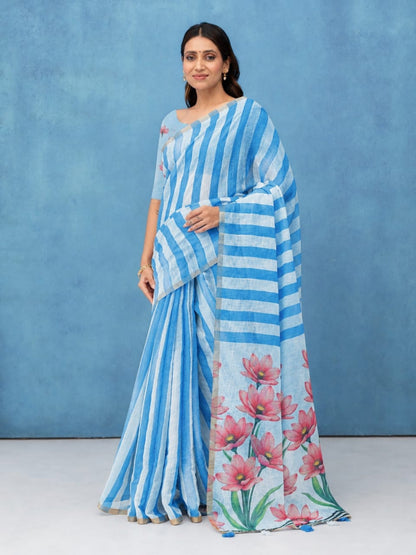 Blue Cotton Linen Saree