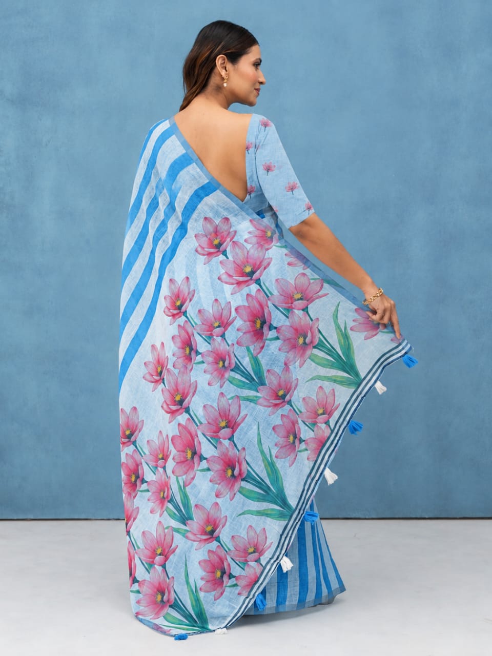Blue Cotton Linen Saree
