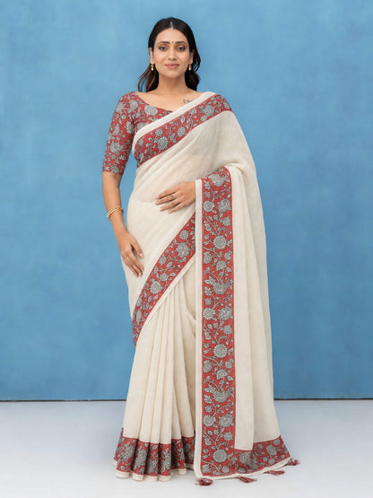 White Cotton Linen Saree with Red Kalamkari Floral Print