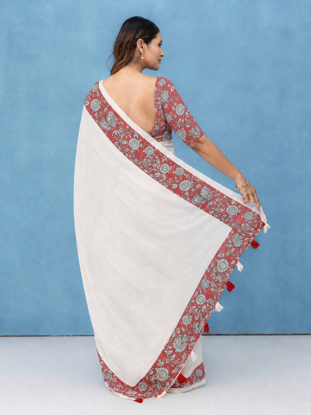 White Cotton Linen Saree with Red Kalamkari Floral Print