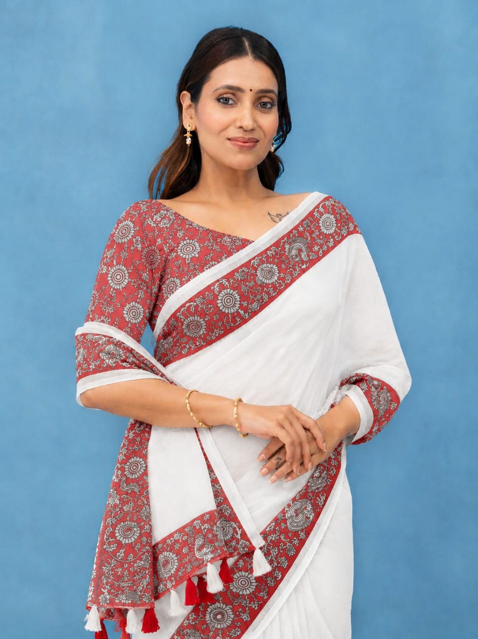 White Cotton Linen Saree with Red Kalamkari Floral Print