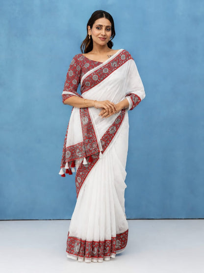 White Cotton Linen Saree with Red Kalamkari Floral Print