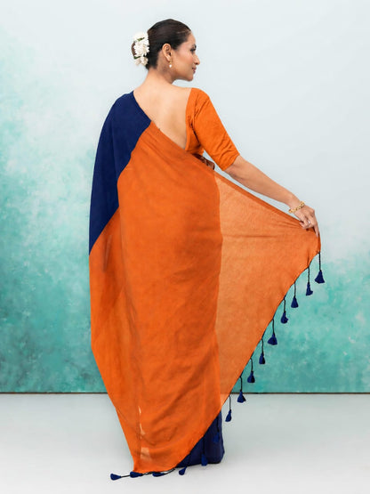 Orange &amp; Navy Blue Khadi Cotton Saree