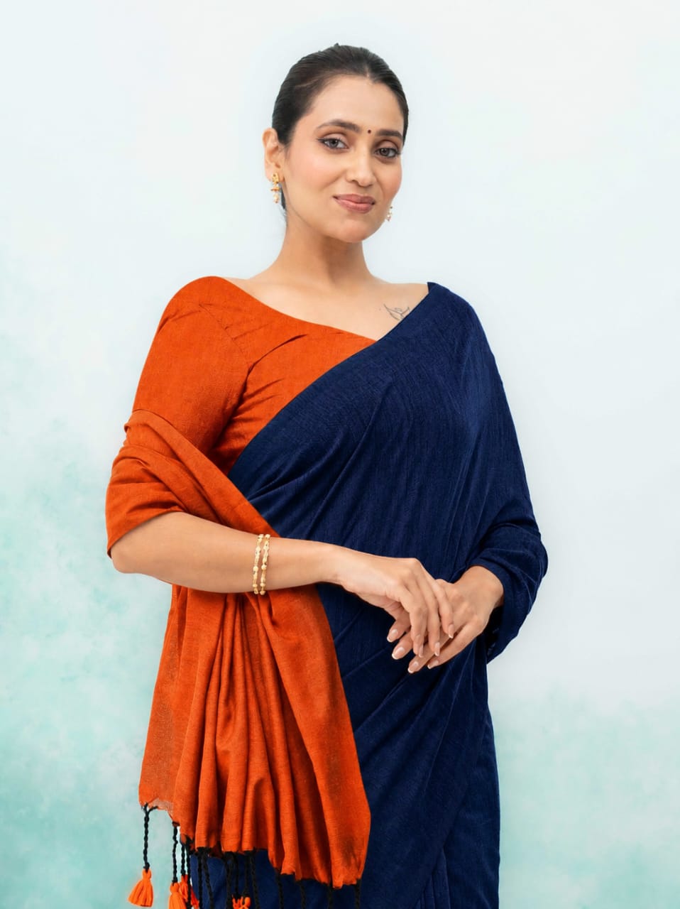 Orange &amp; Navy Blue Khadi Cotton Saree