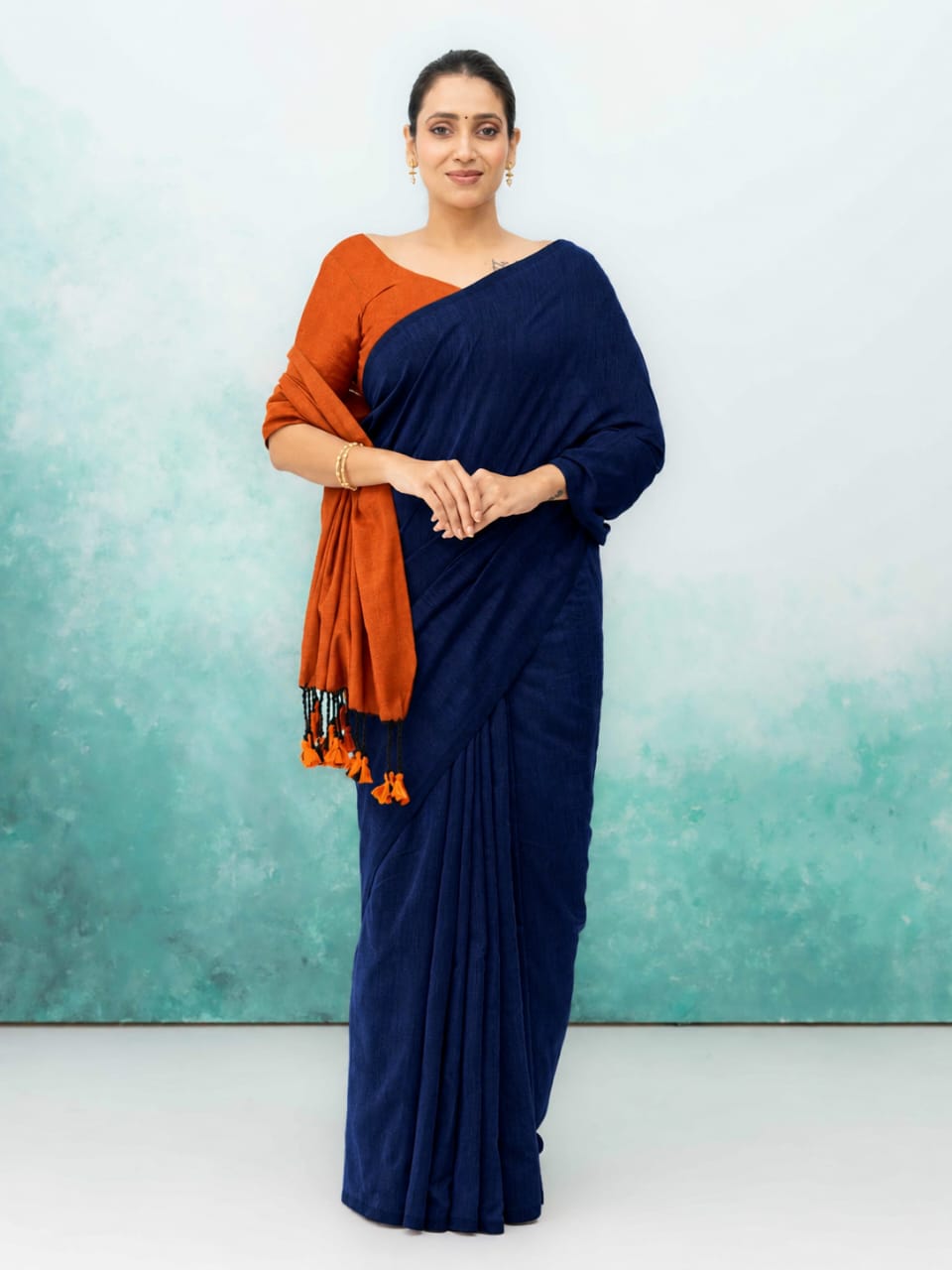 Orange &amp; Navy Blue Khadi Cotton Saree
