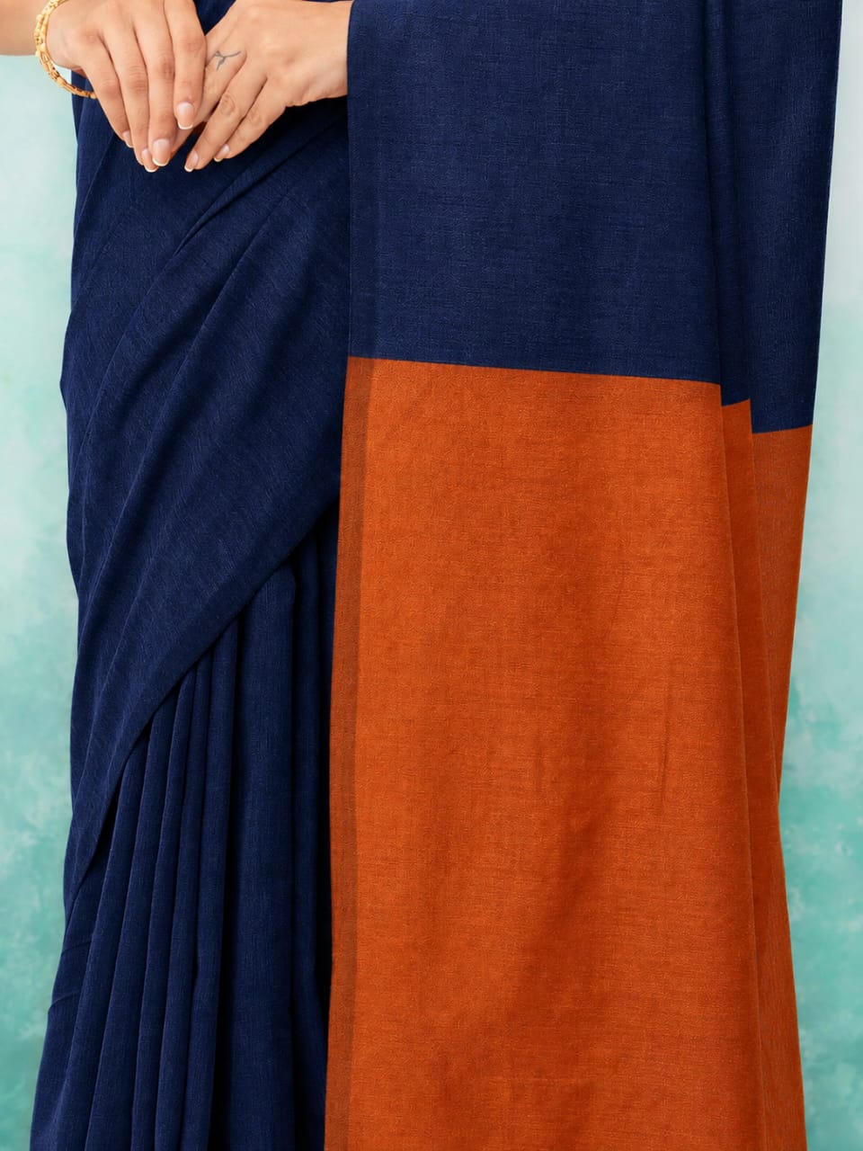 Orange &amp; Navy Blue Khadi Cotton Saree