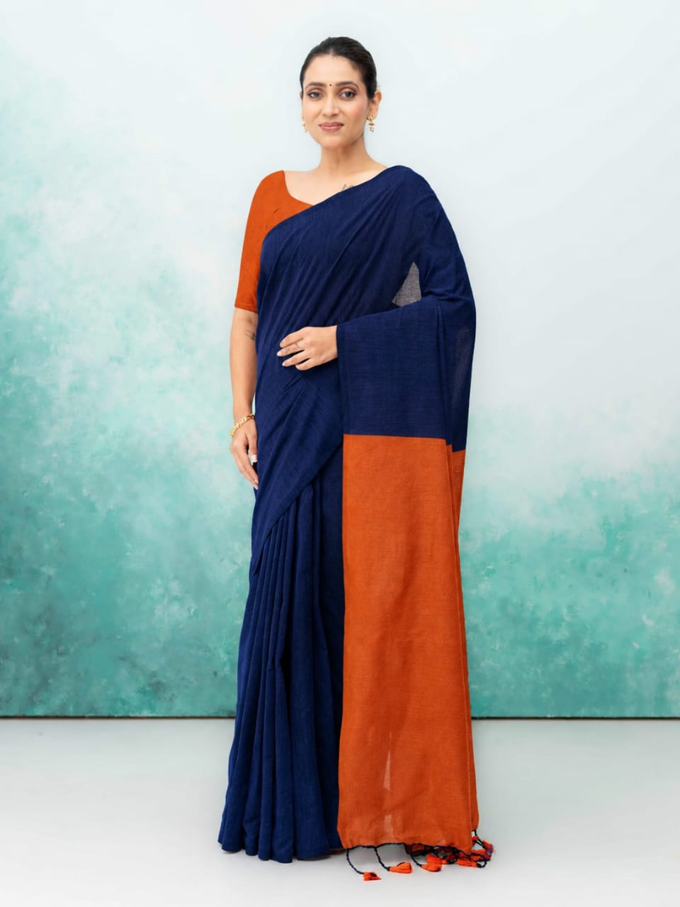 Orange &amp; Navy Blue Khadi Cotton Saree