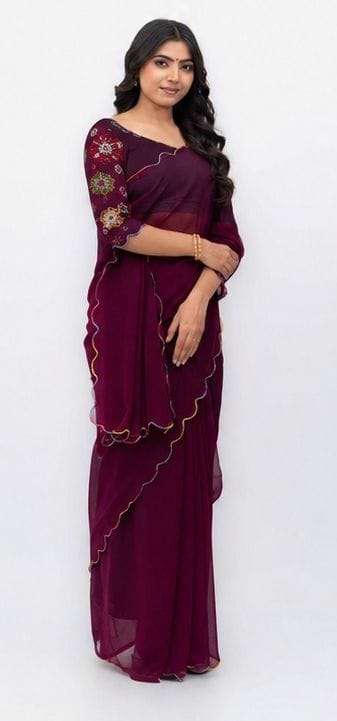 Wine Purple Georgette Plain Saree