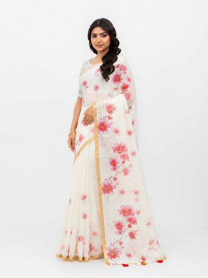 Off-White Cotton Linen Saree