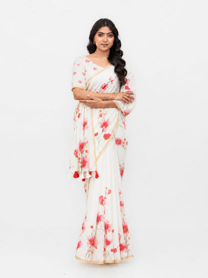 Off-White Cotton Linen Saree