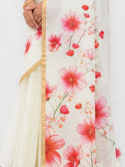 Off-White Cotton Linen Saree