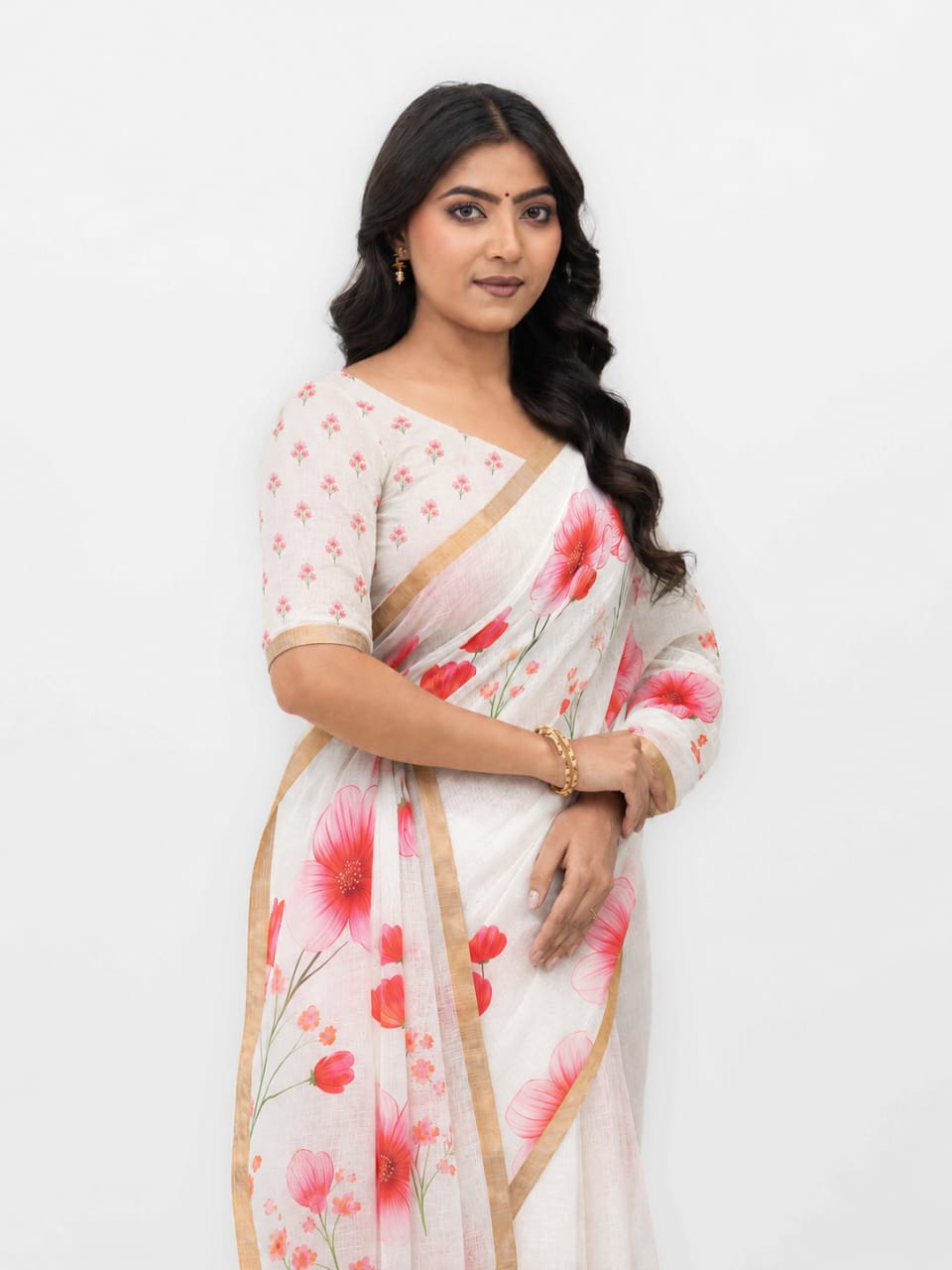 Off-White Cotton Linen Saree